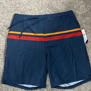 Fair Harbor “The Ozone Short” Navy Swim Board Shorts with Red & Yellow Stripes